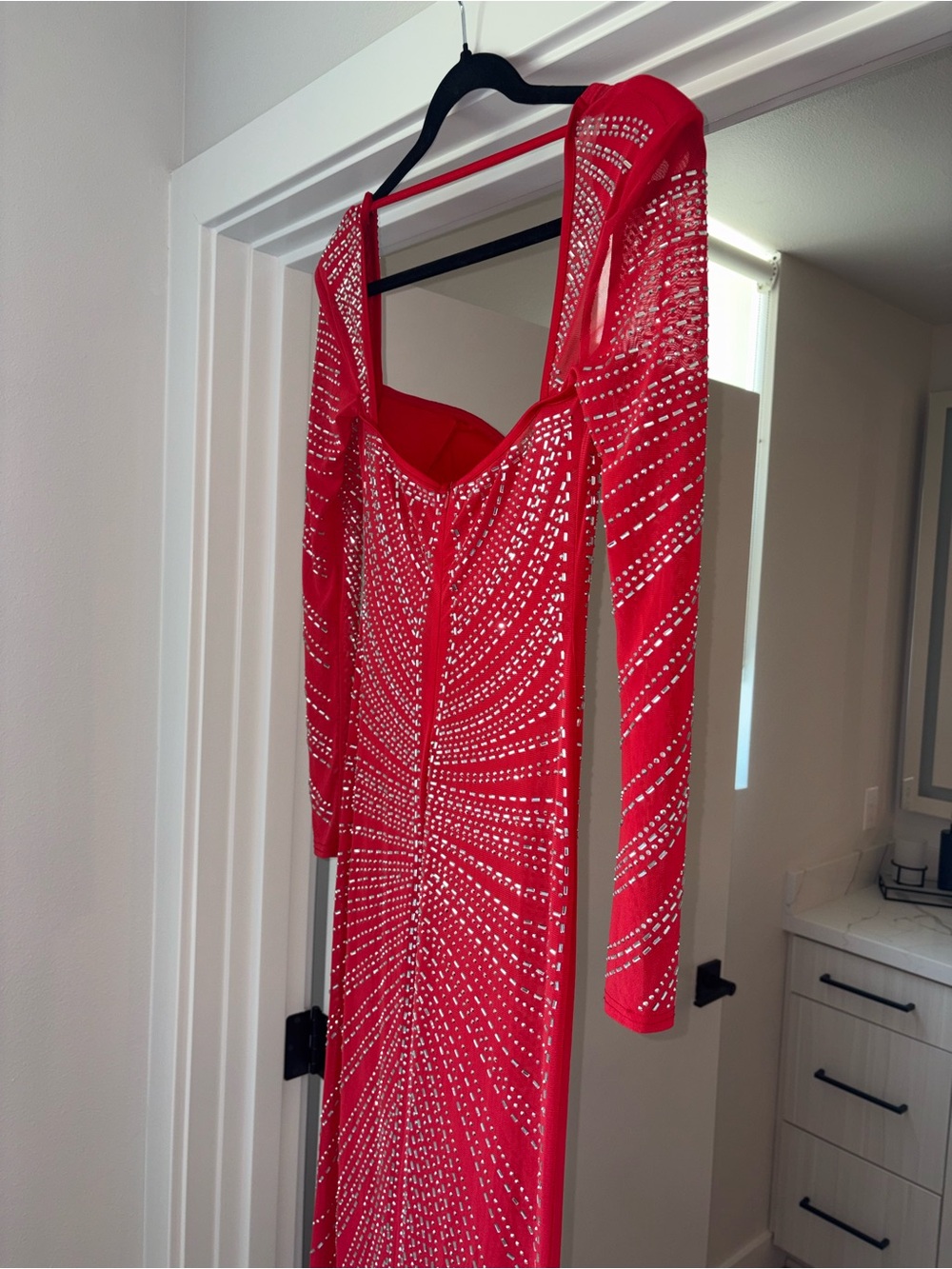 Macy's Red Long Sleeve Sequin Mesh Gown with Sculpted Bust - Picture 10 of 13